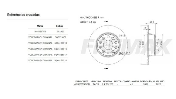 Imagen de DISCO FRENO TRAS VW TAOS 1.4 TSI 2021. . . 272MM